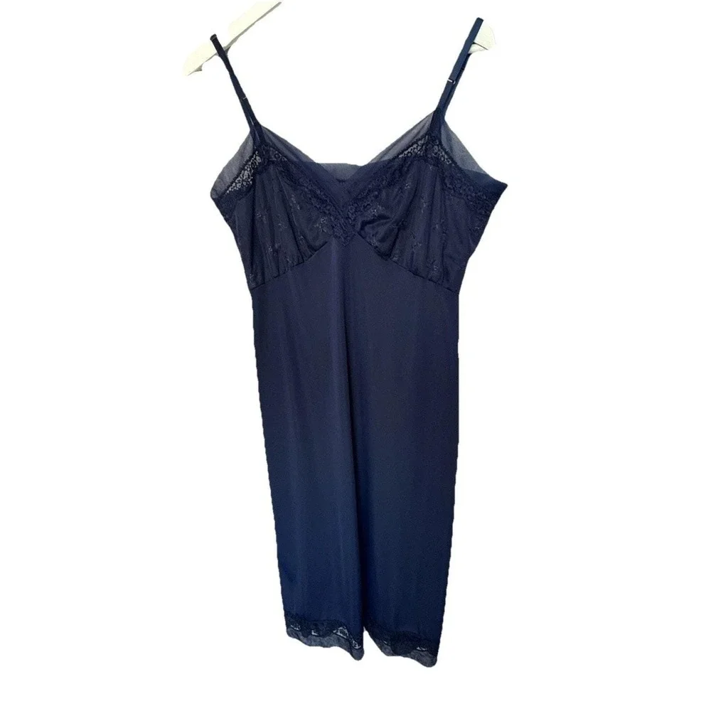 Vintage Van Raalte Full Slip Women's Medium Navy Nylon Pin-Up Rockabilly Gothic